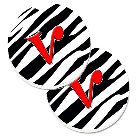 Carolines Treasures Monogram Initial V Zebra Red Set of 2 Cup Holder Car Coaster CJ1024-VCARC